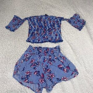 BLUE AND PINK CROP TOP SET